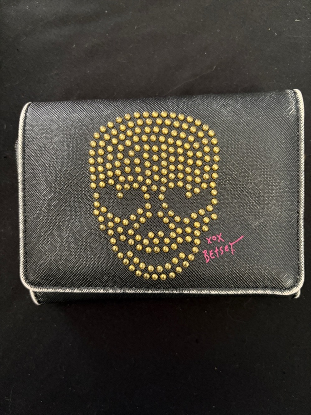 Betsey Johnson Black Wallet with Gold Stud Skull and Pink Signature